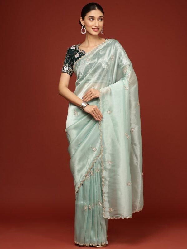 Sea Green Tissue Hand Embroidery Saree With Stone Work Readymade Blouse