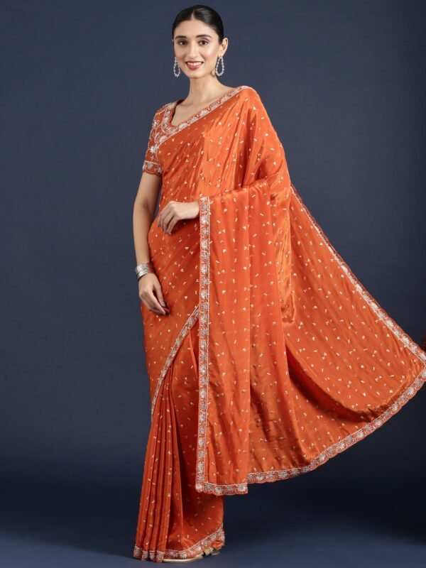 Orange Crepe Saree With Stone Work Readymade Blouse