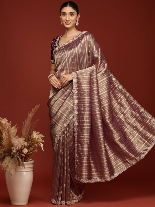 Purple Tissue Weaved Saree With Stone Work Readymade Blouse