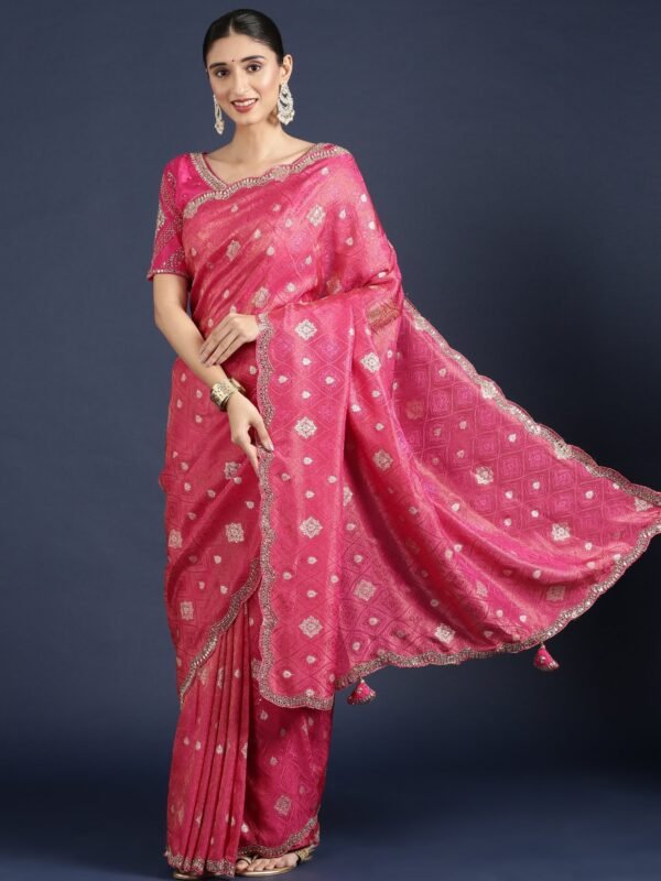 Rani Pink Banaras Weaved Saree With Embroidery Readymade Blouse
