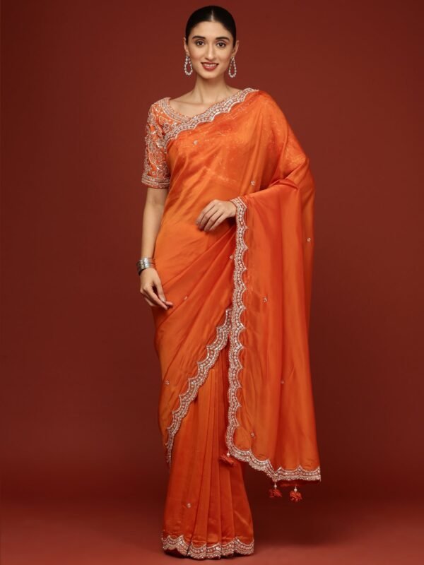 Orange Crepe Saree With Heavy Work Readymade Blouse