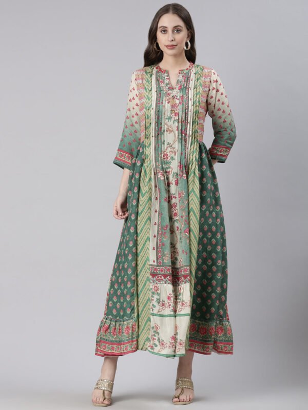 Neerus Green Casual Floral Maxi Dresses