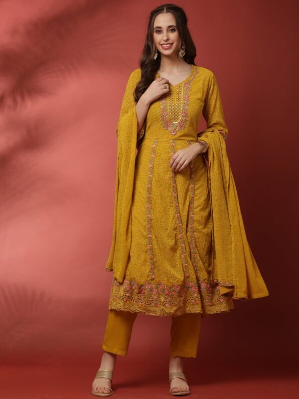 Mustard three piece georgette suit set with floral embroidery