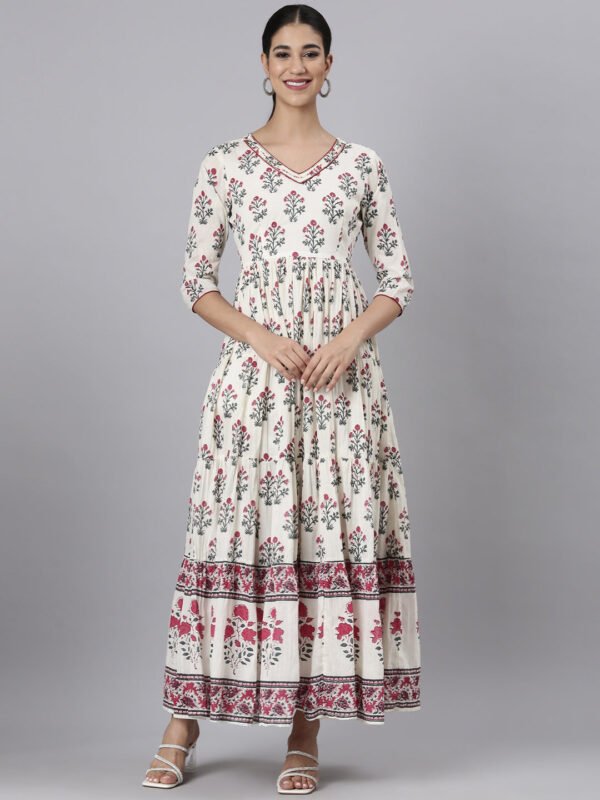 Neerus Off White Casual Maxi Floral Dresses