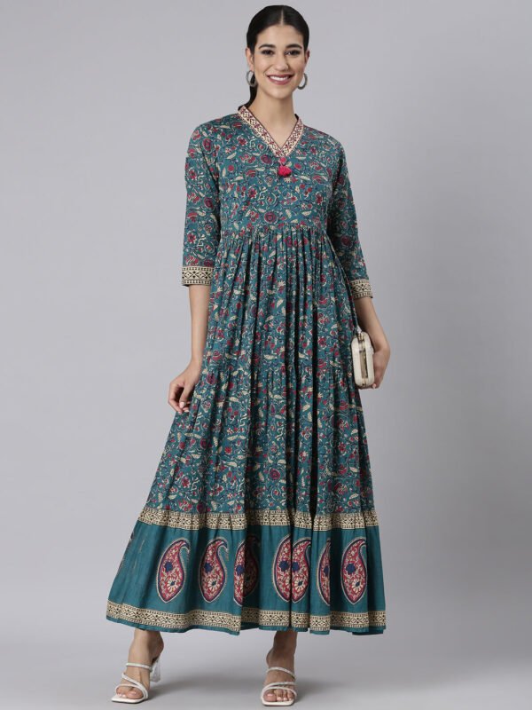 Neerus Green Casual Maxi Floral Dresses