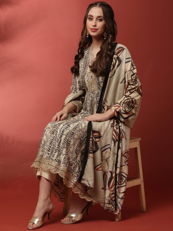 Cream and black printed gold zari embroiderey three suit set
