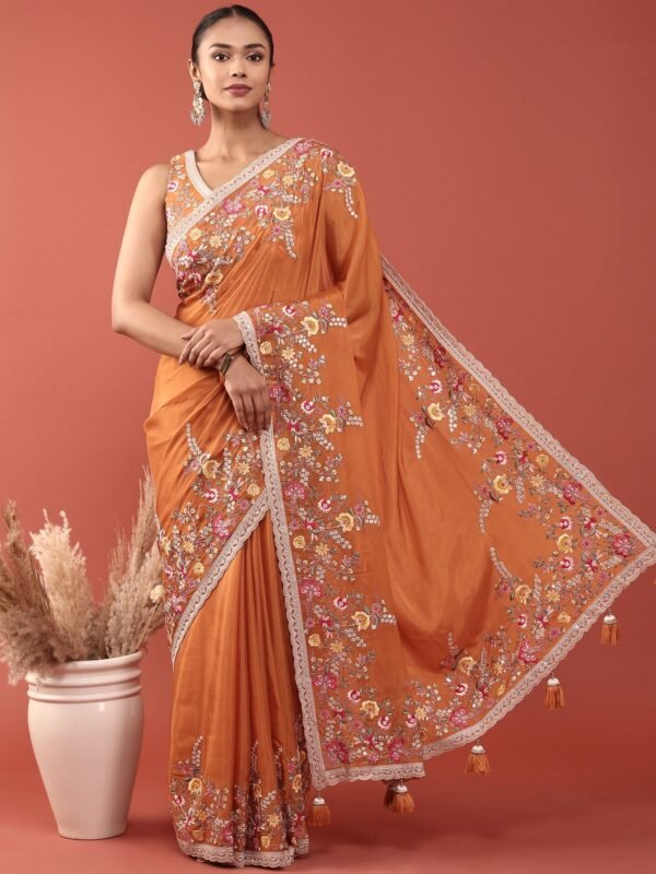 Orange Crepe Embroidery Saree With Readymade Blouse