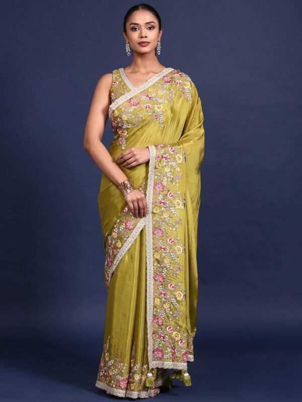 Parrot Green Crepe Embroidery Saree With Readymade Blouse