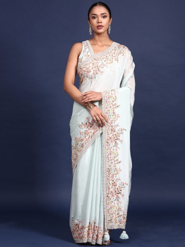 Sky Blue Crepe Embroidery Saree With Readymade Blouse