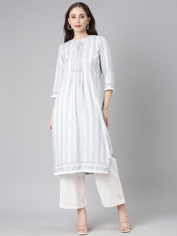 Neerus Grey Casual Striped Straight Kurta