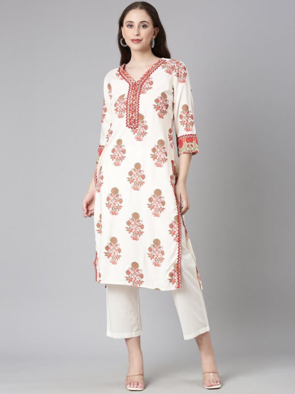 Neerus Cream Casual Floral Straight Kurta