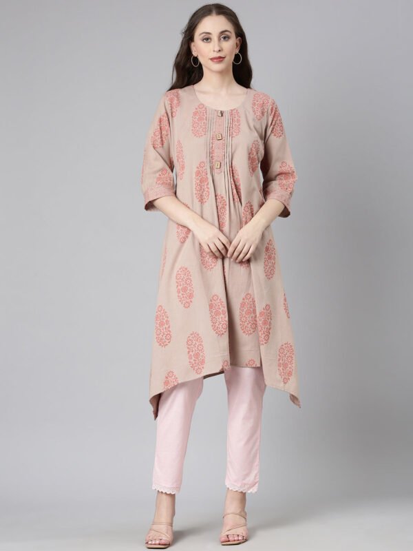 Neerus Beige Casual Floral A-Line Kurta