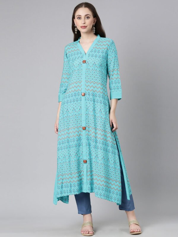 Neerus Teal Casual Chevron A-Line Kurta