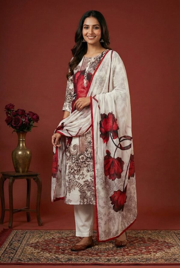 Off White Cotton Floral Digital Printed Three Piece Set